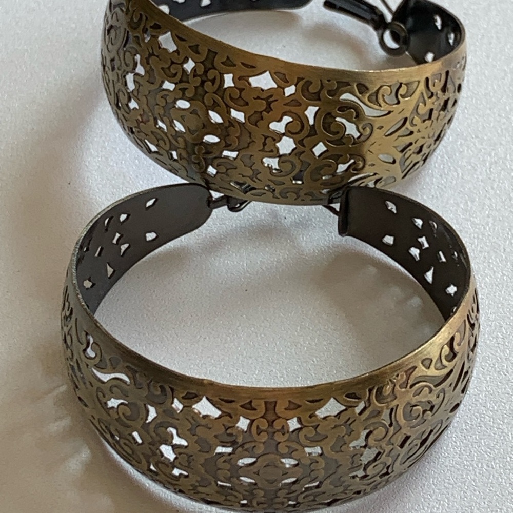 Large Antique Gold Tone Filigree Hoop Earrings
